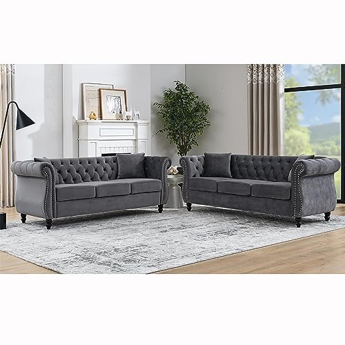 80' 2 Piece 3-Seater Velvet Chesterfield Sofa for...