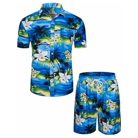 TUNEVUSE Men Hawaiian Shirt and Short Set 2 Picece Beach Outfit Summer Tropical Floral Print Matching Luau Short Suits Flower Print Light Blue Medium Cover
