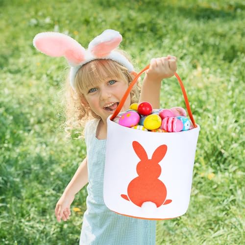 Image of Domensi 16 Pcs Easter Baskets for Kids Bunny Basket Bags Easter Basket Bulk Boys Girls Eggs Hunt Bag with Handles Fluffy Tails Printed Rabbit Bucket Tote for Easter Party Decoration Favor