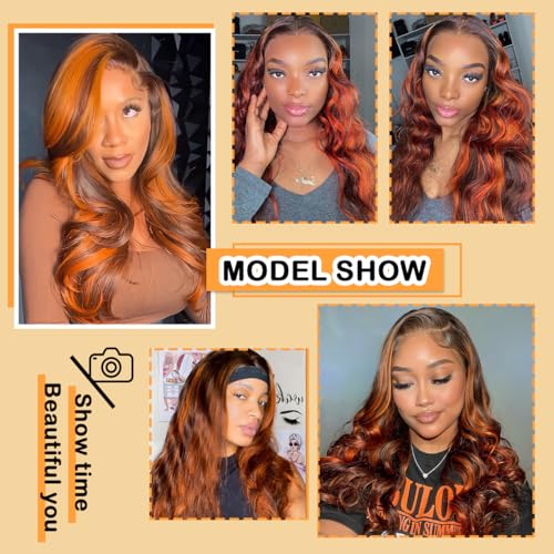 Image of LAINSS P4 /350 Ginger Orange and Brown Colored Body Wave Lace Front Wigs Human Hair 13x4 Highlight HD Lace Front Wig Human Hair Pre Plucked for Black Women 180% Density Glueless Wig 32Inch