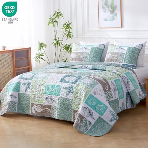 Heymybed Coastal Quilt Set Queen Size, Beach Coverlet Sage Green Starfish Coral Seashell Bedspread, Ocean Beach Themed Bed Cover, Microfiber Soft Lightweight Bedding Sets for All Seasons (96"×90") - Image 2