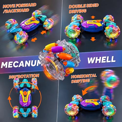 Image of VGRASSP 4WD Dual Control Torsion Stunt Drift Mist Car Toy for Kids with Lights and Music - 360 Rotating Double Sided RC Smoke Car with 2.4GHz Remote Control and Gesture Wrist Controller - Multicolor