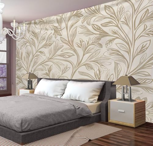 Tapisserie murale retro beige grand format 230x180 motif de feuilles deco chambre et dortoir