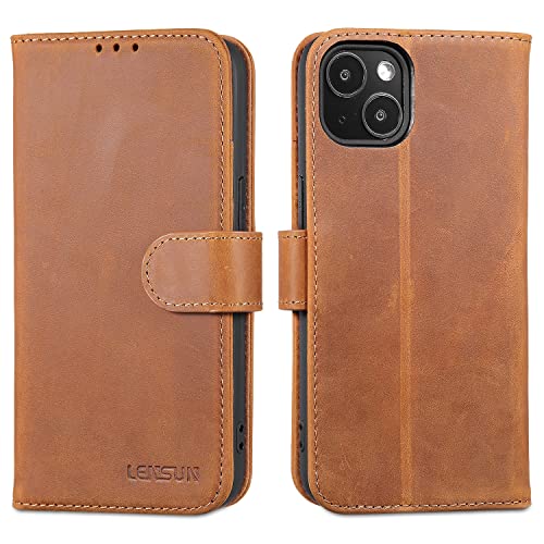 LENSUN iPhone 13 leren hoes 6,1 inch met magneetsluiting, RFID-bescherming, portemonnee en standfunctie