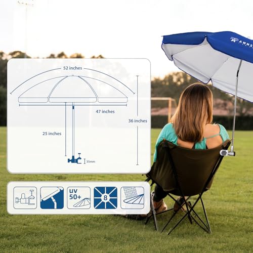 AMMSUN 47 inches Chair Umbrella with Upgraded Clamp, 360-degree Swivel, UV 50+ Protection, Portable Umbrella with Clamp For Camping or Beach Chair, Stroller, Wheelchair, Blue image 3