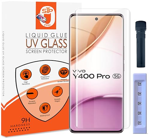 Image of STP FEEL UV Advanced Tempered Glass Screen Protector Guard Compatible For Vivo Y400 Pro 5G (6.77 Inch, Pack of 1) Full Adhesive UV Curved Case Friendly HD Clarity with easy installation kit