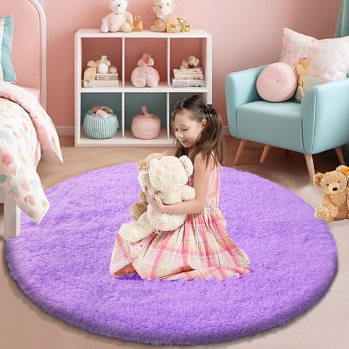Purple Fluffy Round Area Rugs for Bedroom,4'X4'Shag Circle Area Rugs for Girls Room,Non Slip Fuzzy Plush Rug for Kids Room Living Room and Dorm Home Decor Rug