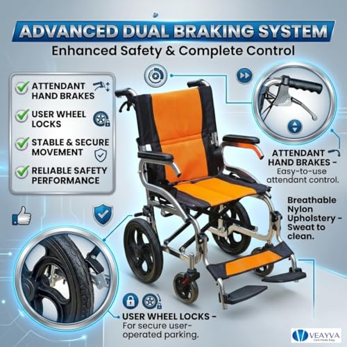Image of Veayva Portable Ultra-Light Aluminium Wheelchair - Compact Foldable Design, Vibrant Orange Finish, Travel-Friendly Mobility Aid(SUPER LIGHT ALLUMINIUM FRAME)