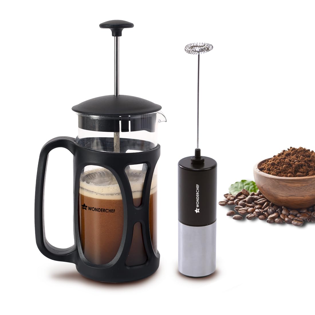 Wonderchef French Press Coffee Maker & Milk Frother Gift Combo | Brew in 3 Mins | Heat Resistant Borosilicate Glass Carafe | Battery-Operated Frother for Coffee, Hot Chocolate, etc. Wonderchef French Press Coffee Maker & Milk Frother Gift Combo | Brew in 3 Mins | Heat Resistant Borosilicate Glass Carafe | Battery-Operated Frother for Coffee, Hot Chocolate, etc.