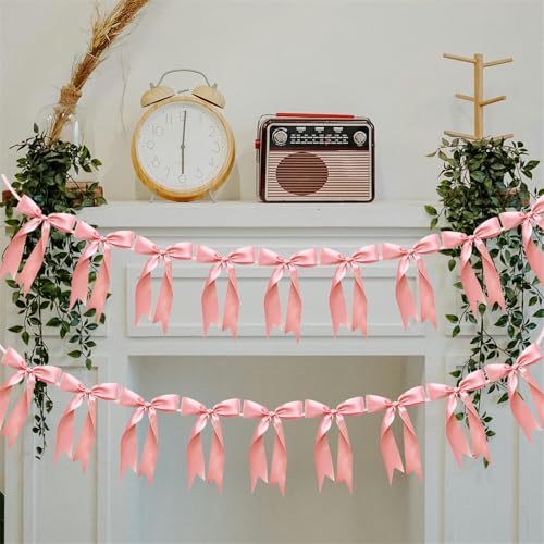 Image of 2pcs Bow Garland Banner Ribbon Bow Party Decorations for Baby Shower Decor Tying The Knot Girls Bow Coquette Birthday Party Decoration (Peach Pink)