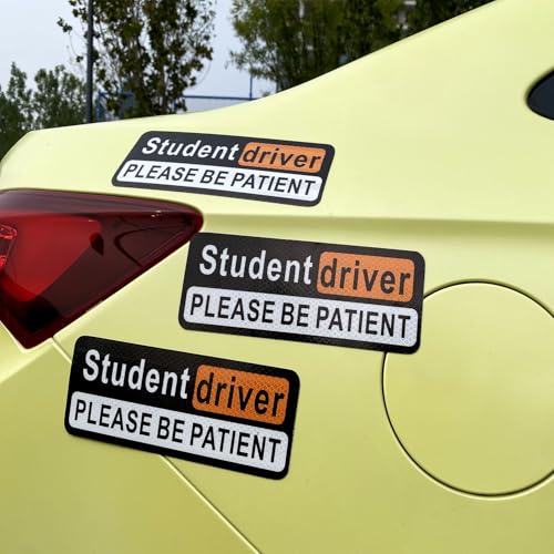 Image of Student Driver Please Be Patient Car Magnet, Black Personality Modeling , Patient With Reflective Magnetic Bumper Sticker Set Detachable, Novice Safety Signs.Set of 3