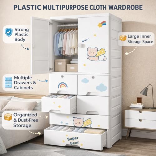 Image of AYSIS Kids Plastic Collapsible Wardrobe Organizer for Storage with Drawers | Cute Cartoon Design | Heavy Duty Cloth Organizer for Storage | Easy to Assemble | Perfect for Kids Room & Home | Whiteber
