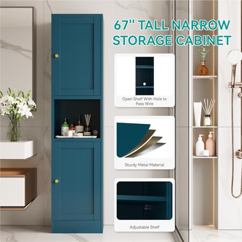 Image of 67 inch Tall Narrow Storage Cabinet with Doors and Open Shelf,Metal Pantry Cabinet,Shaker Style Slim Cabinet with Adjustable Shelves,for Bathroom Kitchen Laundry Small Spaces,Blue, 1Pc