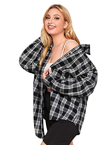 Shein Women's Plus Drop Shoulder Curved Hem Overshirt Button Down Plaid Shirt Blouse Tops Black Xx-Large Plus #TOP1