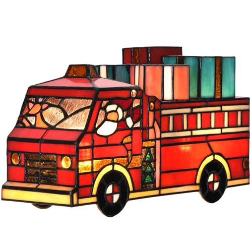 Bieye L12009 Tiffany Style Stained Glass Christmas Fire Truck Table Lamp with Santa Reindeer and Gifts Handmade Holiday Decoration 12 Wide
