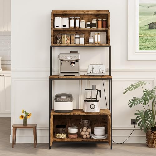 Chic Muse 5-Tier Bakers Rack with Power Outlet, 67.7'' Microwave Stand with Storage Cabinet & Open Shelves, Industrial Kitchen Rack Coffee Bar for Pots, Pans & Spices, Rustic Brown