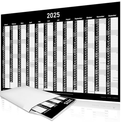 XXL Wandkalender 2025 DIN A1 Jahreskalender | Jahresplaner 2025-84x59 cm, Wandkalender mit Kalenderwochen & Feiertagen in SCHWARZ - Wall Calender Großformat Kalender
