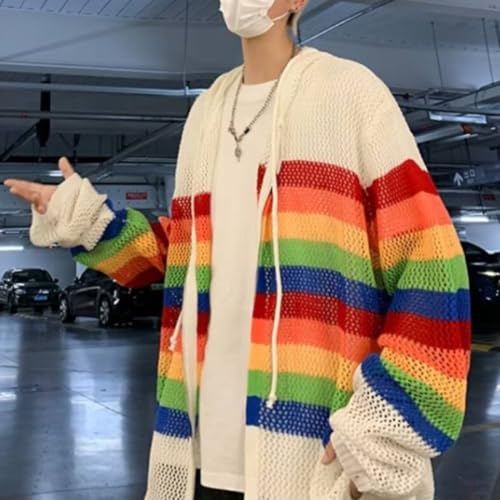 HZCX FASHION Mens Women Hollow Out Crochet Knit Hooded Shirt Long Sleeve Lightweight Streetwear Rainbow Sweater Zip Up Hoodie2