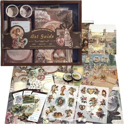 Image of 346Pcs Paper Vintage Aesthetic Scrapbook Kit Scrapbooking Supplies Kit With Bullet Junk Journal, Stationery, Washi Stickers A6 Grid Notebook Journaling Gift For Girl (Star and Art Museum)
