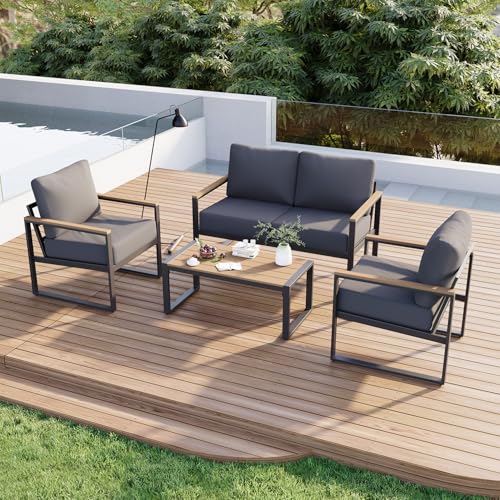Aoxun 4 Piece Patio Furniture Set, Outdoor Patio Furniture with Thick Cushions, Modern Metal Outdoor Conversation Sets with Coffee Table for Porch, Balcony, Deck Dark Grey