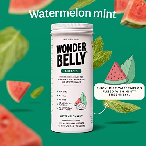 Wonderbelly Antacid Chewable Tablets - Maximum Strength Calcium Carbonate Acid Neutralizer - Instant Heartburn Relief, Acid Indigestion & Sour Stomach -Vegan (Watermelon Mint) #TOP3