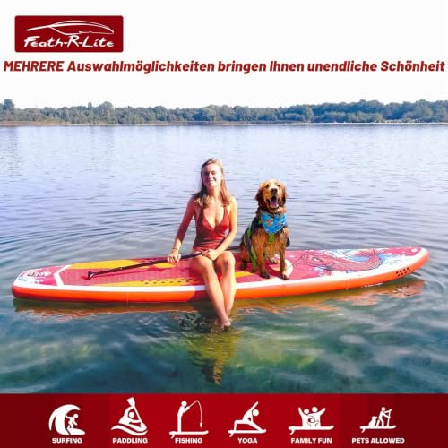 Foto von FunWater Aufblasbares Stand Up Paddle Board Surfbrett SUP Komplettes Paddleboard Zubehör Verstellbares Paddel, Pumpe, ISUP Reiserucksack, Leine, wasserdichte Tasche, Erwachsene Paddelboard red