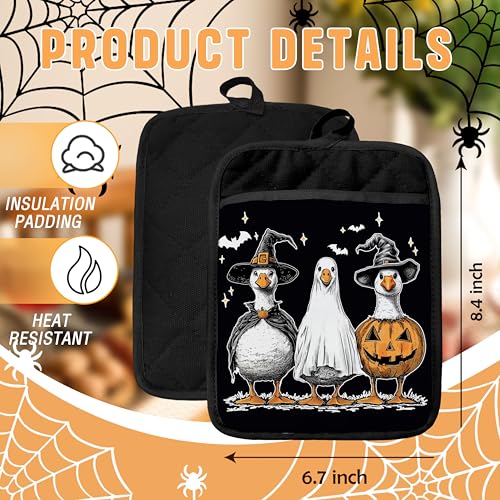 Guantes de horno de ganso de Halloween y almohadillas vintage de calabaza y fantasma 3