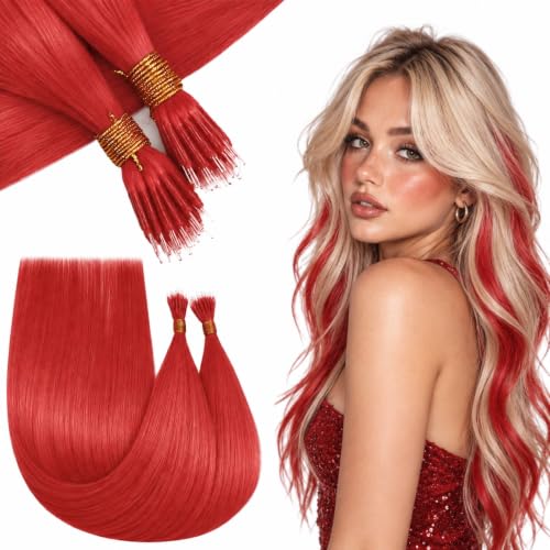 RUNATURE 24 Inch Red Nano Beads Hair Extensions Human Hair 50g 50s