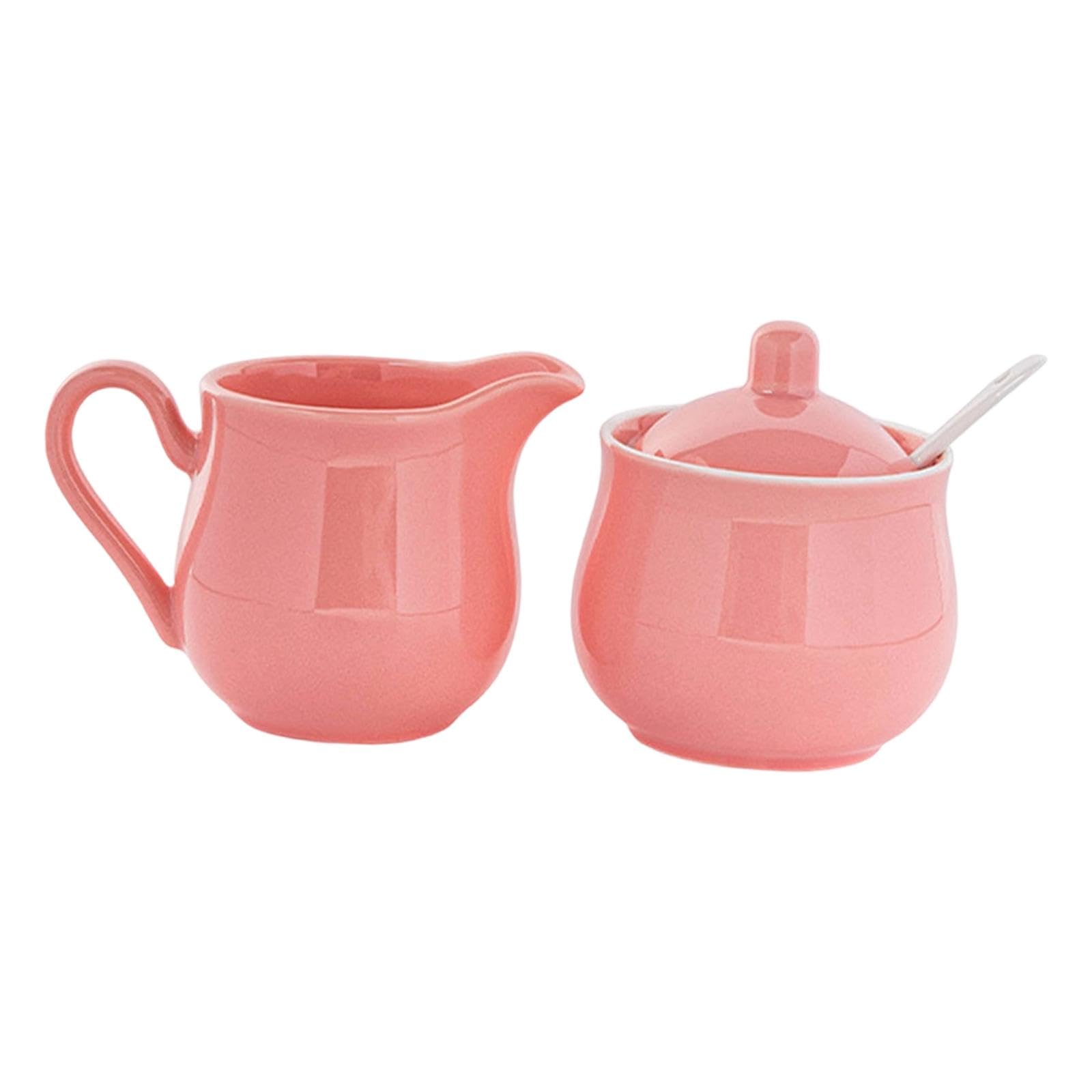 Sucrier Ensemble En Céramique Pichet à Crème Pot à Lait Boîte à Sucre avec Couvercle et Cuillère Compact Conçu pour Service Dîner Occidental D, Rose