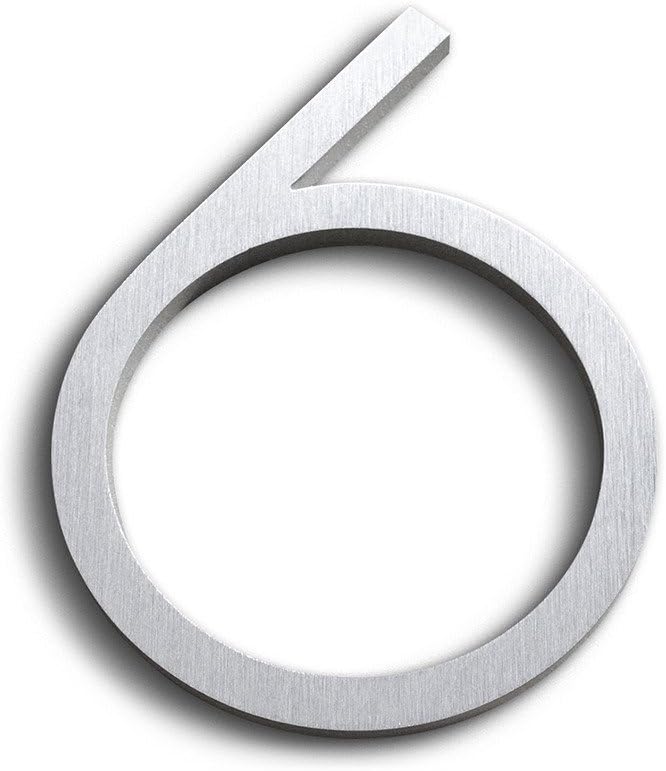 Modern House Number - Brushed Aluminum - Contemporary Font 6 Tall Number 6 Nine - Floating Appearance - Easy to Install - Made of Solid 3/8 Aluminum - Made in USA