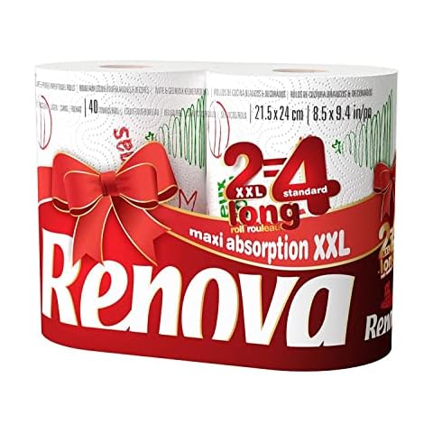 Renova White Print 2 Ply Christmas Xmas Kitchen Home Tissue Rolls Towels - 2 Rolls Cover
