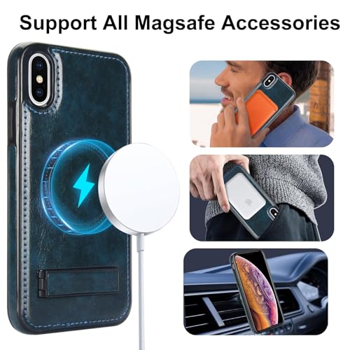 Coque iPhone XS Max Cuir PU Bleu Magnétique Magsafe avec Béquille