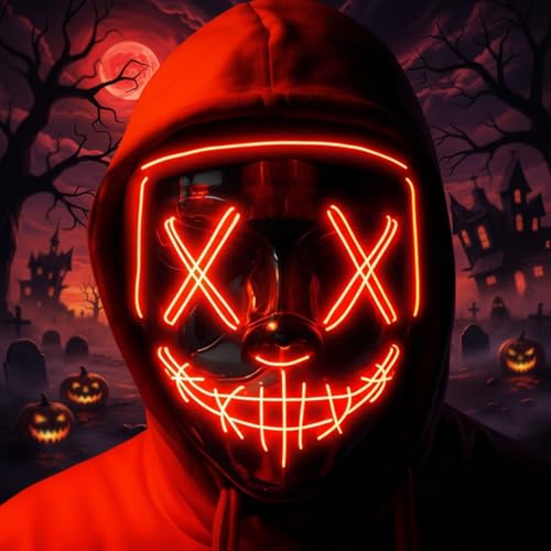 KEKECHAORAN Máscara LED Halloween, máscaras luzes LED néon luminosas, máscaras de terror, para o Natal, Halloween, Cosplay, Grimace festival, festa Show, (RED-A)