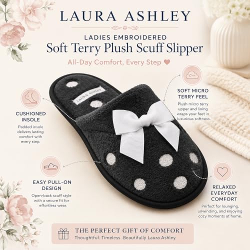 Image of Laura Ashley Ladies Embroidered Soft Terry Plush Scuff Slipper
