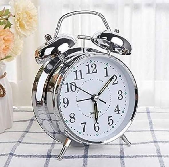 Image of Vintage Twin Bell Alarm Clock, Classic Retro Metal Table Clock, Roman Numeral Analog, Battery Operated, Antique Style, for Bedroom, Bedside, Office, Two Colour Bronze & Copper (Sliver)