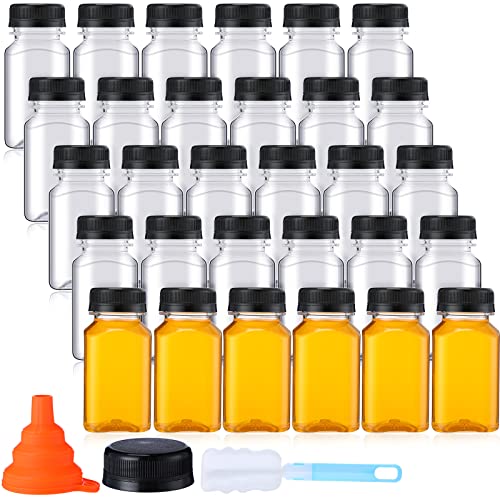 Nuogo 36 Pack 5 oz Plastic Juice Bottles Bulk with Lids Reusable Transparent Clear Drink Containers Caps Mini Bulk Beverage Water Bottle with Funnel and Brush for Juicing Milk Drinking(Black Lid)