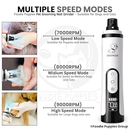 Image of Foodie Puppies Professional Rechargeable Pet Nail Grinder for Dogs & Cats with LED Light & LCD Display, 3 Speed Modes, Low Noise, USB Charging Electric Nail Trimmer for Safe & Easy Grooming at Home