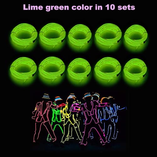Image of MaxLax EL Wire Fluorescent Green 10-Pack, 16.4ft /5m Neon Light Wire with Noise Reduction and Battery Pack
