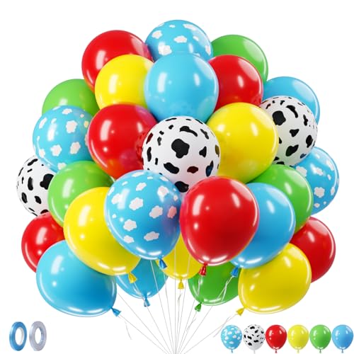 Image of Toy Inspired Story Balloons - 52pcs 12 Inch Red Blue Yellow Green Light Blue Cloud Cow Print Latex Balloons for Kids Boys Girls Inspired Birthday Story Football Farm Themed Party Decorations