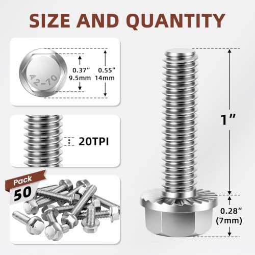 Image of Mellewell 1 /4-20 x 1 Flanged Hex Head Bolts Flange Hexagon Screws, Stainless Steel A2, DIN 6921, 50 PCS
