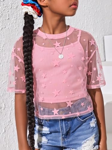Image of BEAUDRM Girl's 2 Piece Set Star Graphic Sheer Mesh Shirt Crew Neck Short Sleeve Crop Top with Camisole