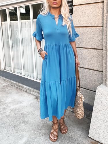 Image of Mieazom Short Sleeves Maxi Dress for Women A Line Summer Dress V Neck Casual Loose Tiered Long Dresses with Pockets