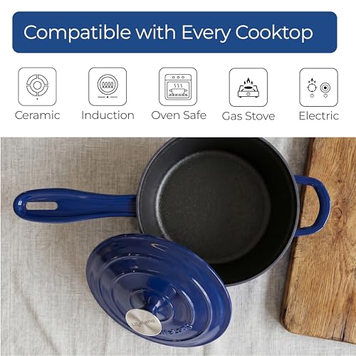 Image of Lifelong Enamel Cast Iron Saucepan with Lid (1.9L, 20cm) | Oven, Gas & Induction Compatible | Slow Cooking, Even Heat Distribution, Non-Toxic, Durable, Naturally Nonstick, No Stains or Scratch (Blue)