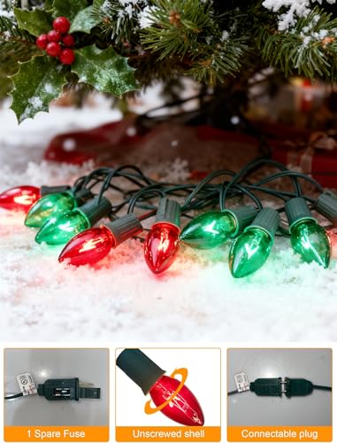 Image of 25Ft C9 Red and Green Christmas Lights Outdoor, C9 Vintage Christmas String Lights with 27 Clear Red Green Bulbs, Hanging Outdoor Christmas Lights for Backyard Prom Roofline Path Party Garden Decor