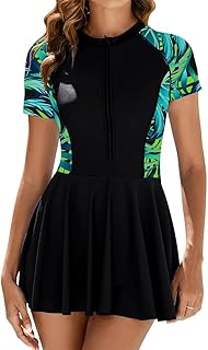 AutoWT Women's One Piece Short Sleeve Swimsuits, Zip Front Swim Dress Swimwear with Bikini Bottoms and Built in Bra, Quick...