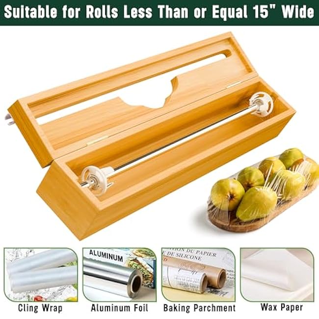 15¡± Bamboo Plastic Wrap Dispenser with Cutter ¨C Aluminum Foil Dispenser with Cutter for Kitchen ¨C Kitchen Wrap Dispenser for Plastic Wrap, Parchment Paper Roll, Fits Rolls Up to 15 Inches