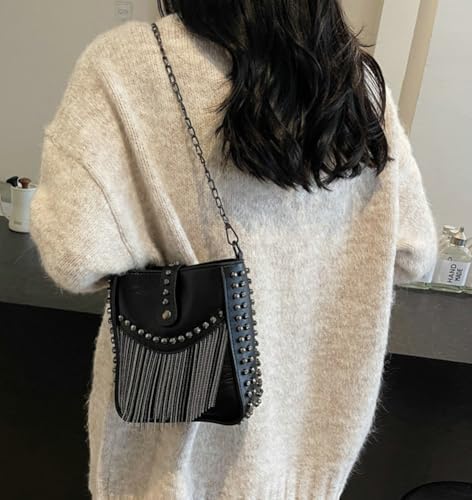 Rungion Trendy Small Purse for Women Vegan Leather Shoulder Crossbody Bag with Chain Y2k Tassel Rivet Handbag Satchels3