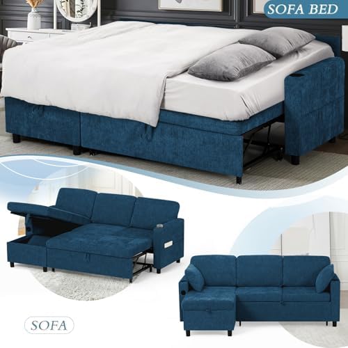 84" Chenille Pull Out Sofa Bed w/Adjustable Backrest, L-Shape Modern Sleeper Sofa w/Reversible Chaise, Upholstered Sectional Couch w/USB Port and Side Pockets for Living Room, House, Blue - Thumbnail 3