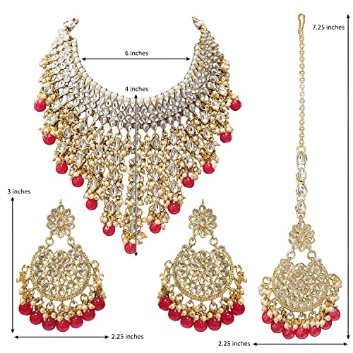 Image of Peora Kundan & Beads Studded Necklace Earrings & Maangtikka Set Ethnic Jewellery for Women & Girls