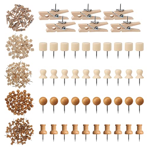 JSRQT 230 Piezas Chinchetas Madera Corcho,Agujas de Madera con Puntas de Acero ,Clips de Alfileres de Madera para Madera Tachuelaspara Tablero de Anuncios de Corcho (5 Tipo) Cover